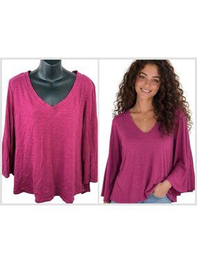 Whimsi Goth Long Flare Sleeves Anthropologie V-Neck Cotton Fuchsia Top Women XL